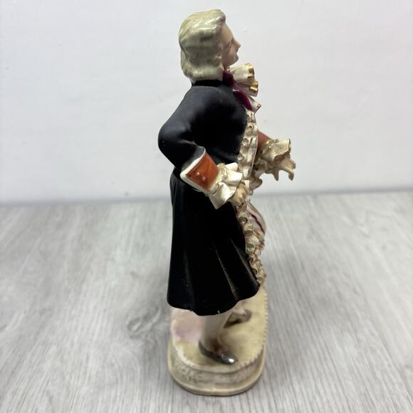 Victorian Man & Woman Figurines Ruffle Gold Trim Outfit Marked Bone China Lace - Picture 6 of 13
